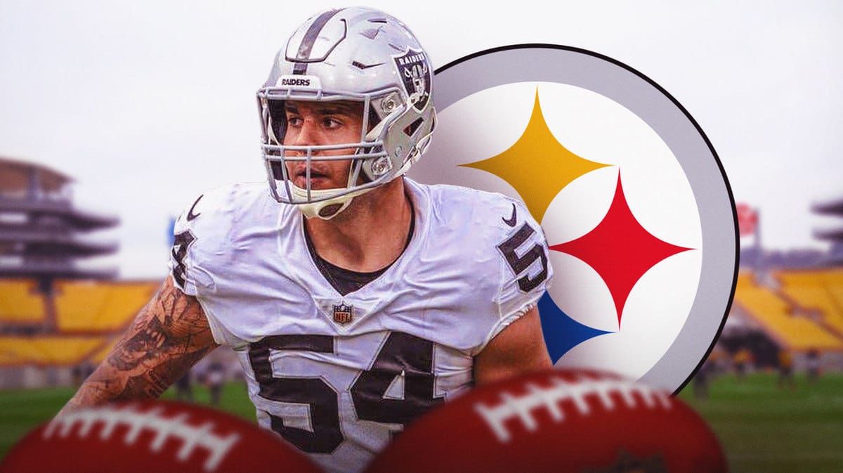 Blake Martinez next to the Pittsburgh Steelers logo
