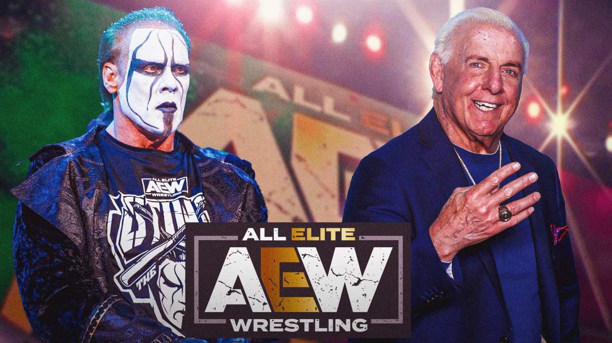 Sting next to Ric Flair standing in a snowy winter scene with the AEW logo in the background.