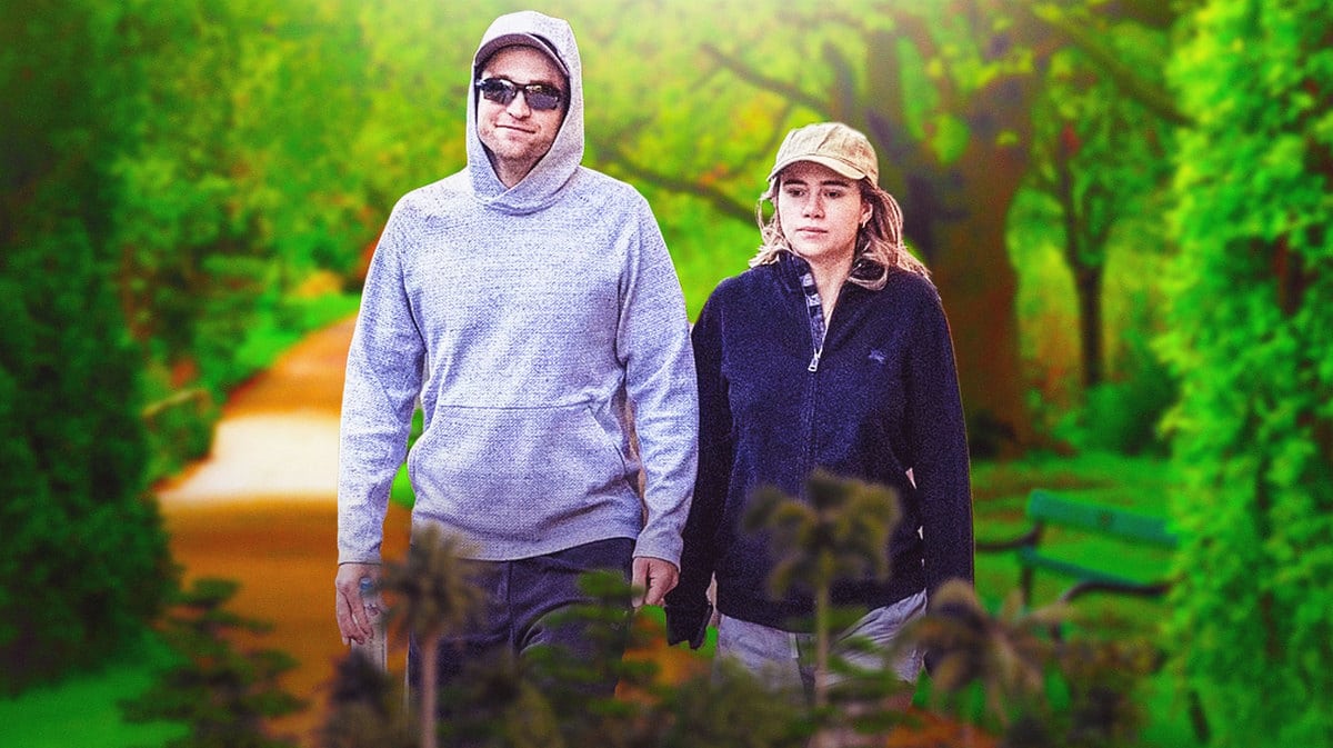 Robert Pattinson and Suki Waterhouse on a hike in LA in front of a lush forest backdrop