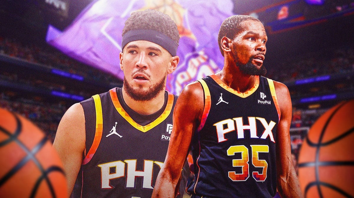 Phoenix Suns stars Devin Booker and Kevin Durant in front of the Footprint Center.