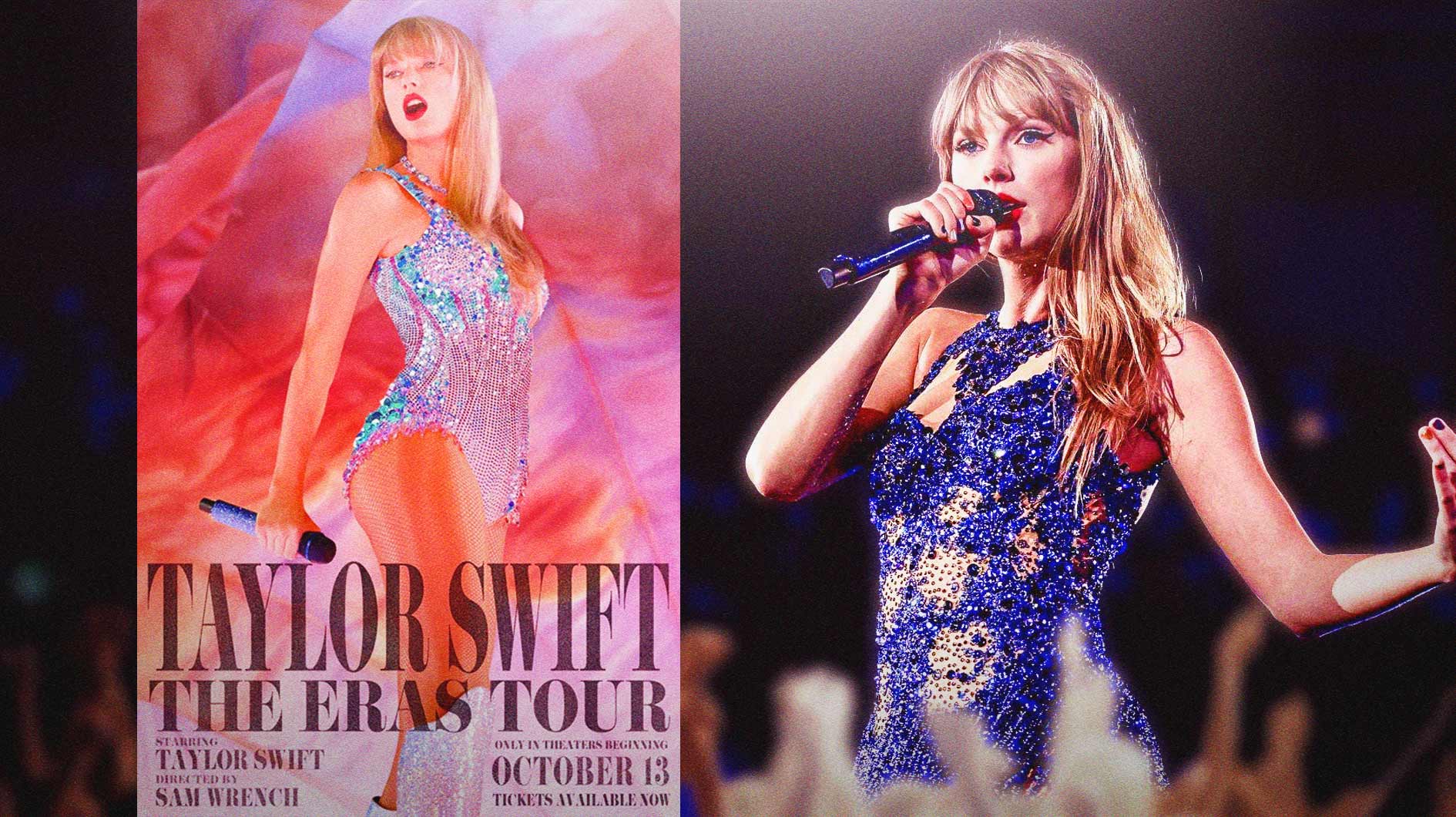 Taylor Swift: The Eras Tour concert film poster next to Swift.