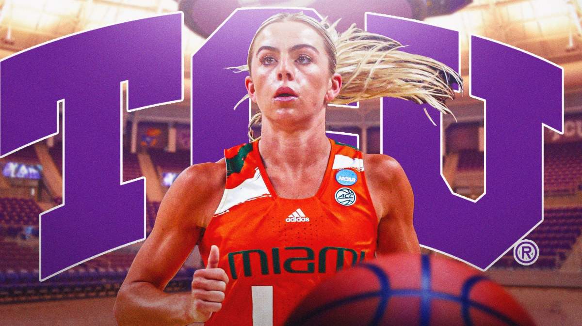 Miami University women’s basketball player Haley Cavinder in front of the Texas Christian University logo