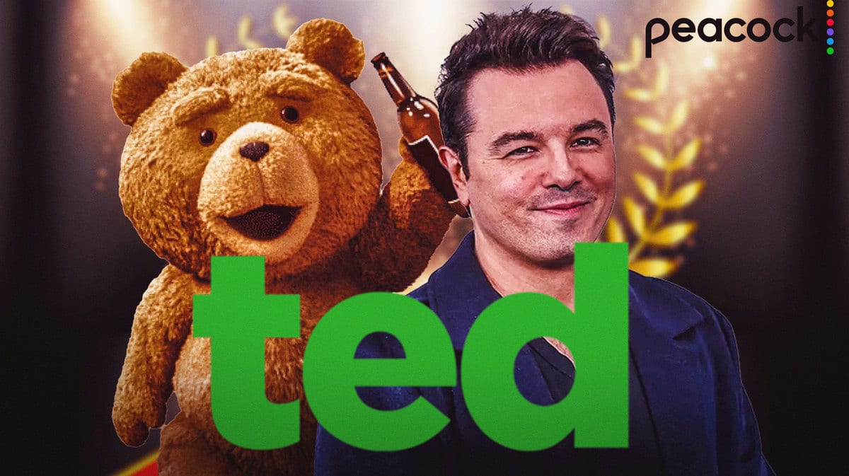 Ted bear with logo and Seth MacFarland.