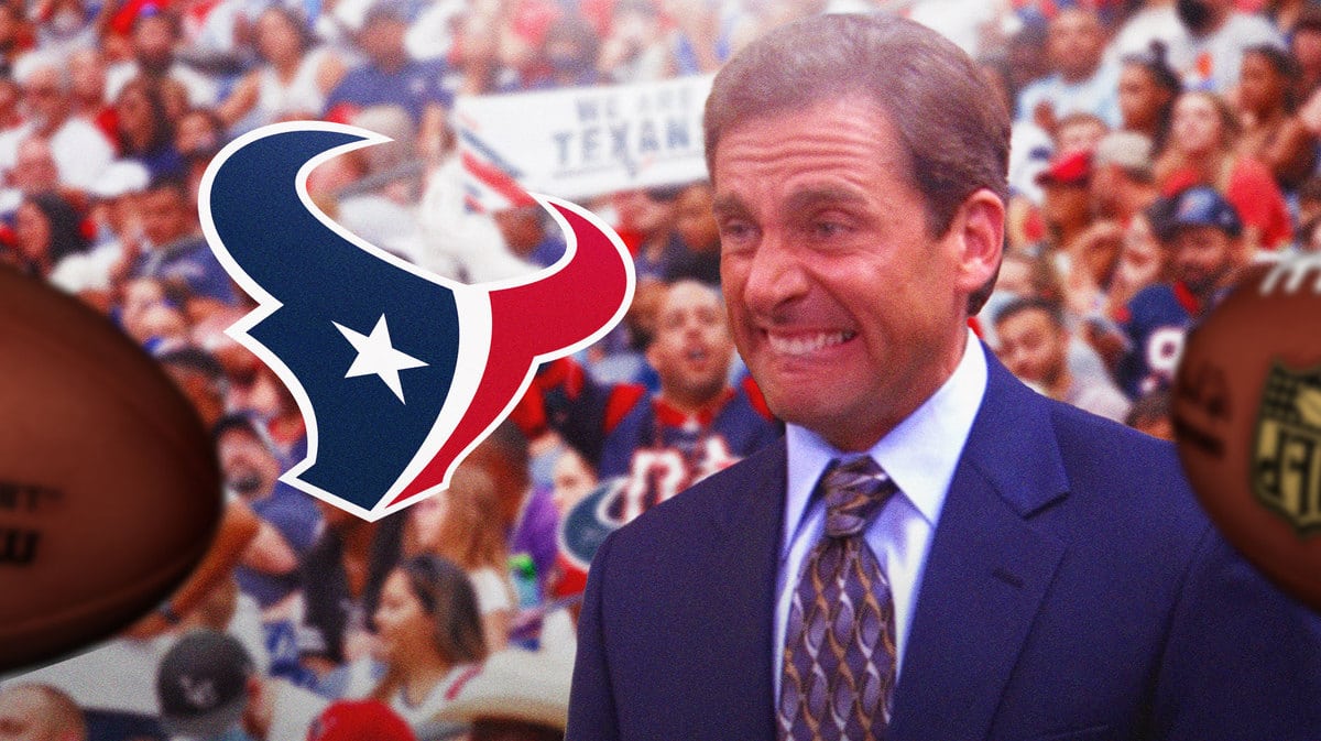 Image of the Michael Scott cringe face meme and a Houston Texans logo displayed prominently to show fans are sad.