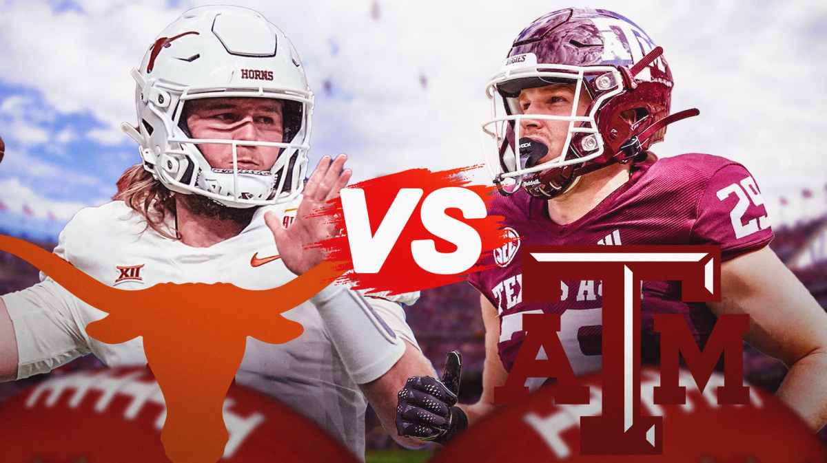 Texas football player on the left, Texas A&M player on the right. A vs. sign between them, in the foreground.