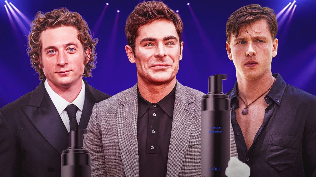 Actors Jeremy Allen White, Zac Efron and Harris Dickinson with a bottle of shaving cream.