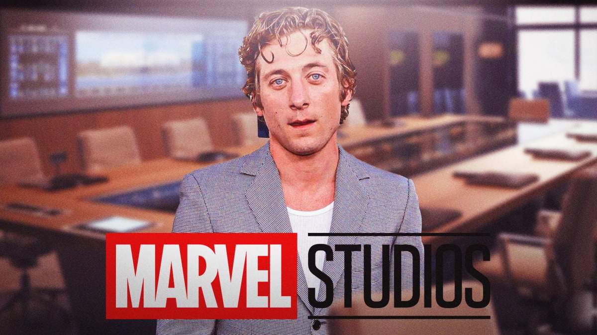 The Bear star Jeremy Allen White with MCU Marvel Studios meeting board room background.