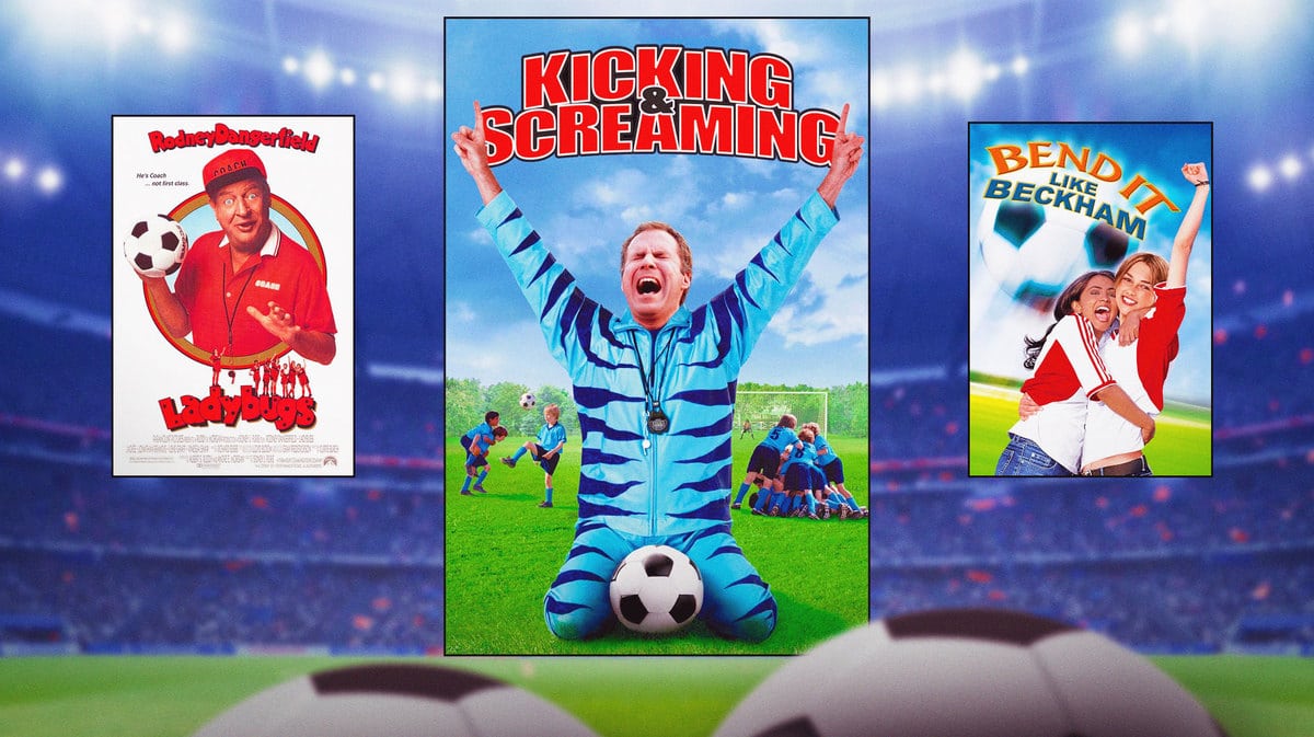 The movie posters for Ladybugs, Kicking & Screaming, and Bend it Like Beckham against the backdrop of a soccer stadium