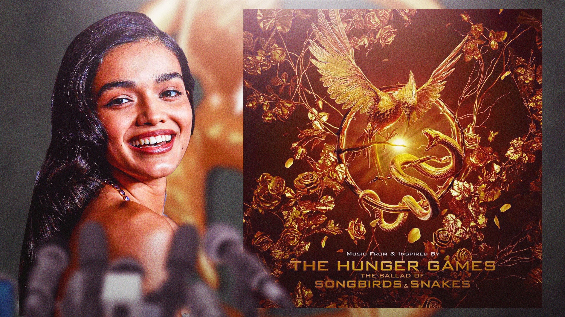 Rachel Zegler next to The Hunger Games: The Ballad of Songbirds & Snakes soundtrack.