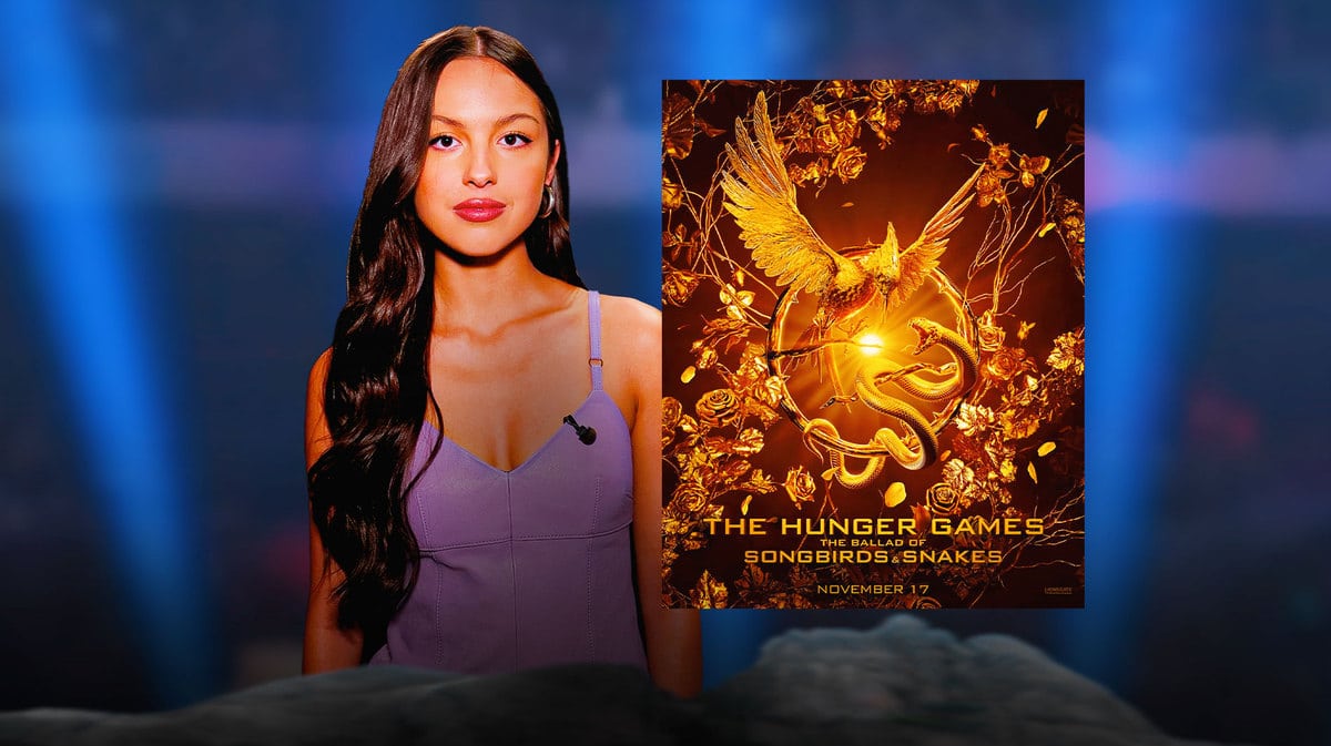 Olivia Rodrigo next to a post of The Hunger Games: The Ballad of Songbirds & Snakes.