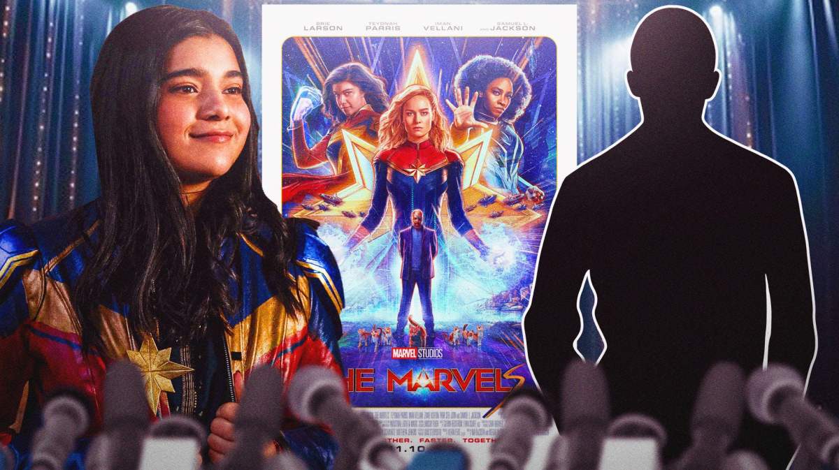 The Marvels poster with Ms. Marvel (Iman Vellani) and silhouette.