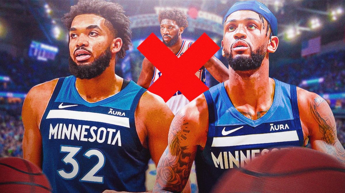 Timberwolves' Karl-Anthony Towns, Nickeil Alexander-Walker, Sixers' Joel Embiid with a red X over him