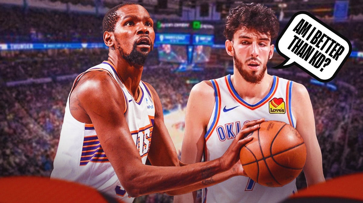 Thunder's Chet Holmgren saying "Am I better than Kevin Durant" next to Kevin Durant
