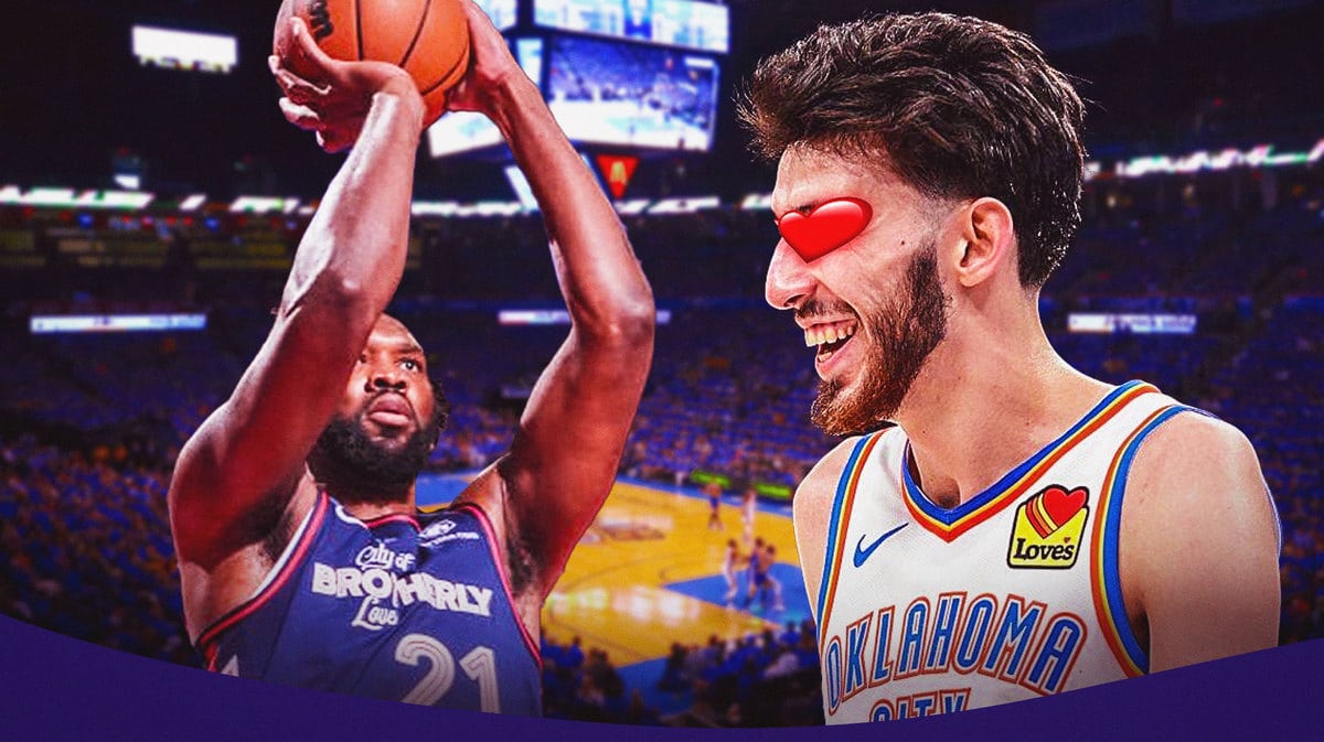 Chet Holmgren with heart eyes looking at Joel Embiid
