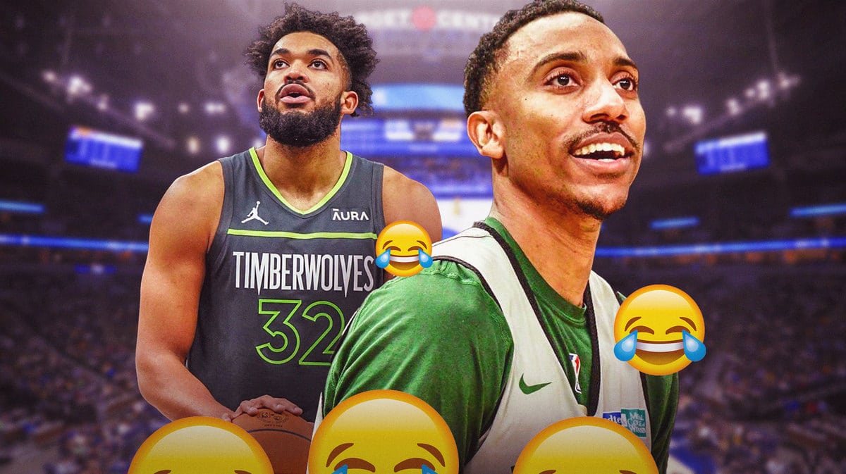 Jeff Teague laughing with laughing emojis near him. Karl-Anthony Towns.