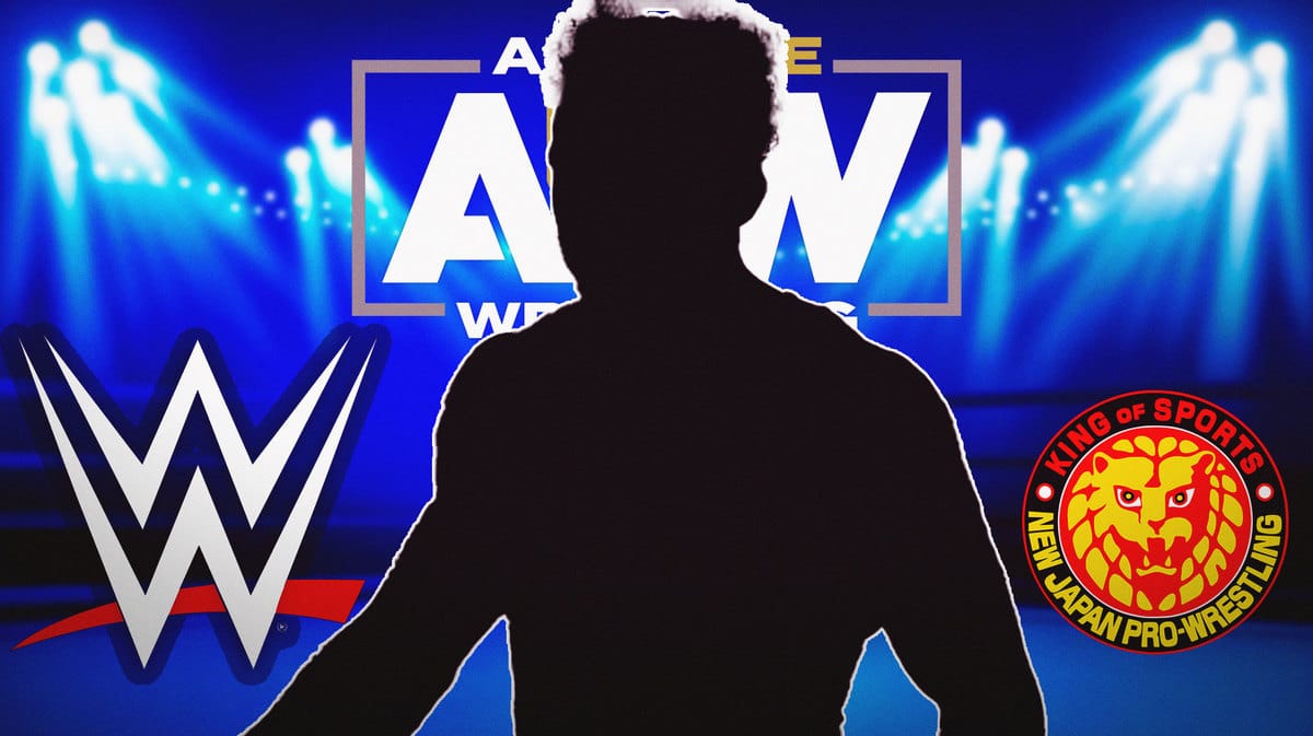 The blacked-out silhouette of Jordan Oliver with the WWE, AEW, and New Japan Pro Wrestling logos in the background.