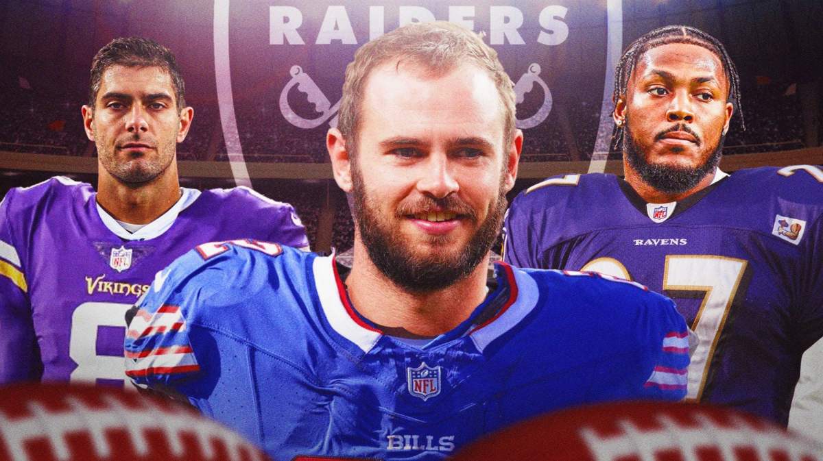 Raiders players WR Hunter Renfrow, QB Jimmy Garoppolo, and RB Josh Jacobs. Not pictured: WR Davante Adams