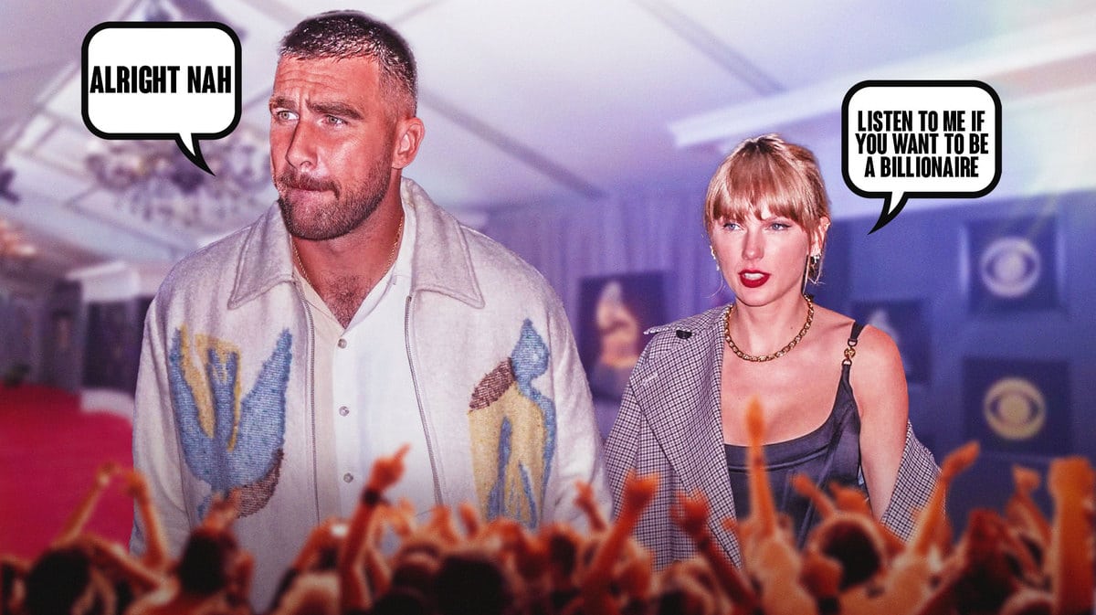 Travis Kelce and Taylor Swift in front of a Grammys red carpet