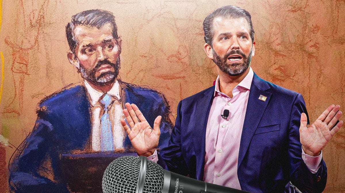 Picture of Donald Trump Jr. alongside his courtroom sketch depiction