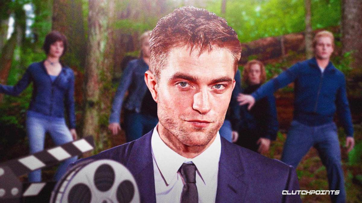 Robert Pattinson with a scene from Twilight in background.