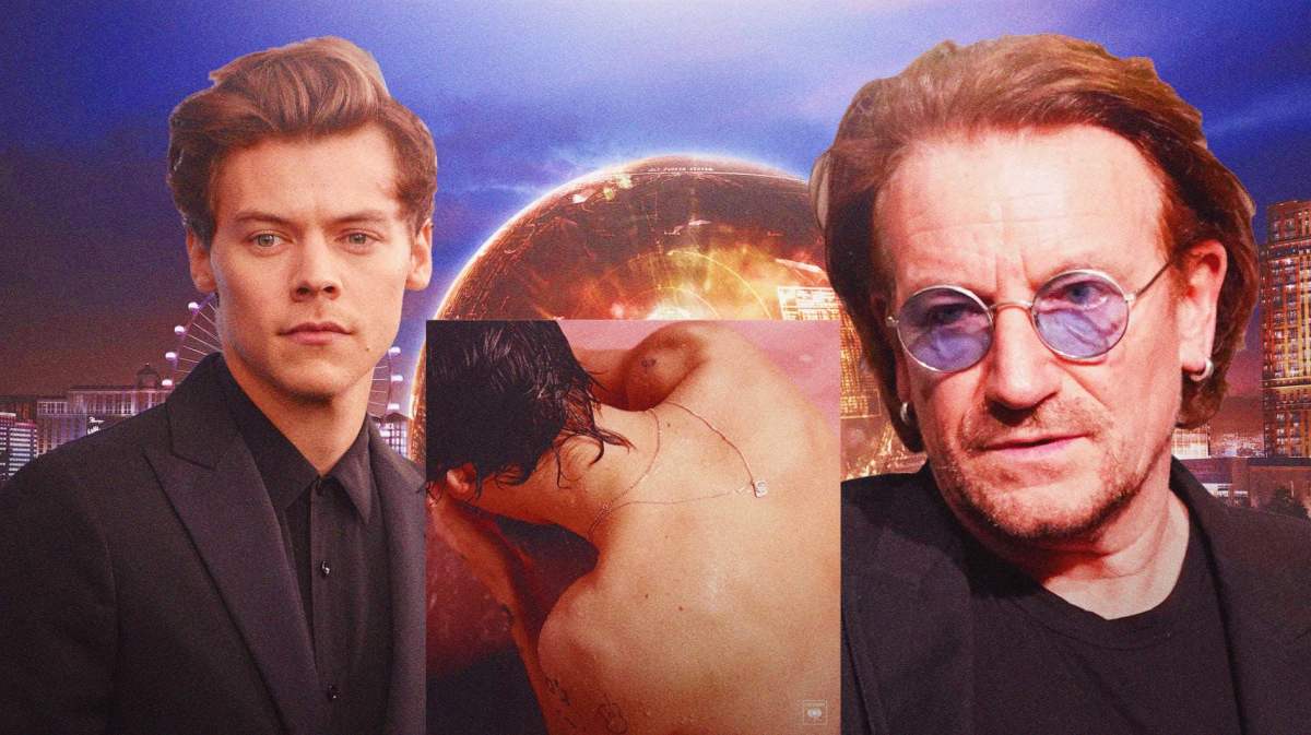 Harry Styles and self-titled album cover next to U2 bono with the MSG Sphere in background.