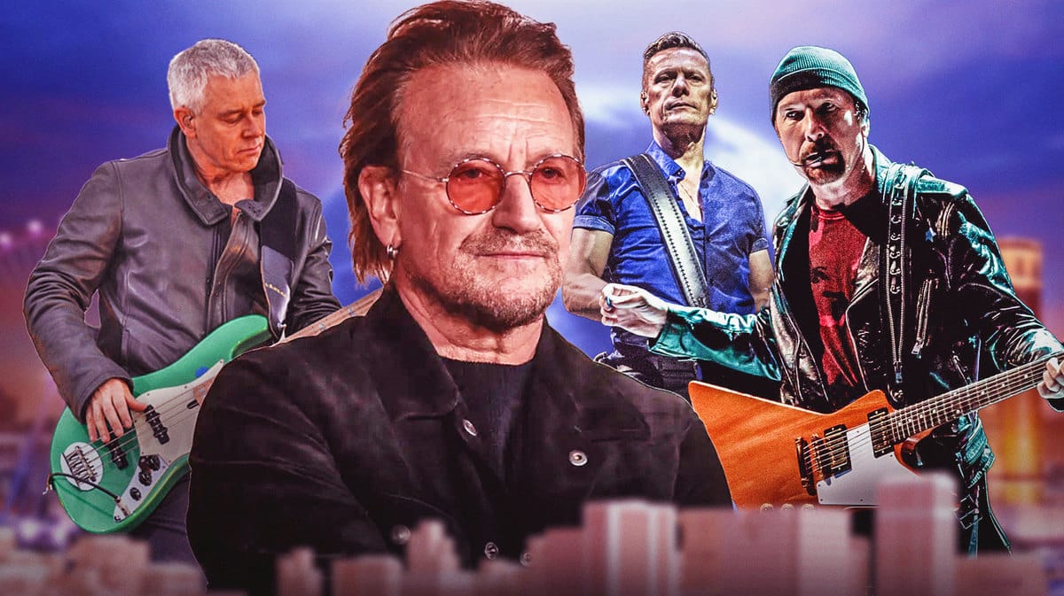 U2 members Bono, The Edge, Adam Clayton, and Larry Mullen Jr. with Sphere background.