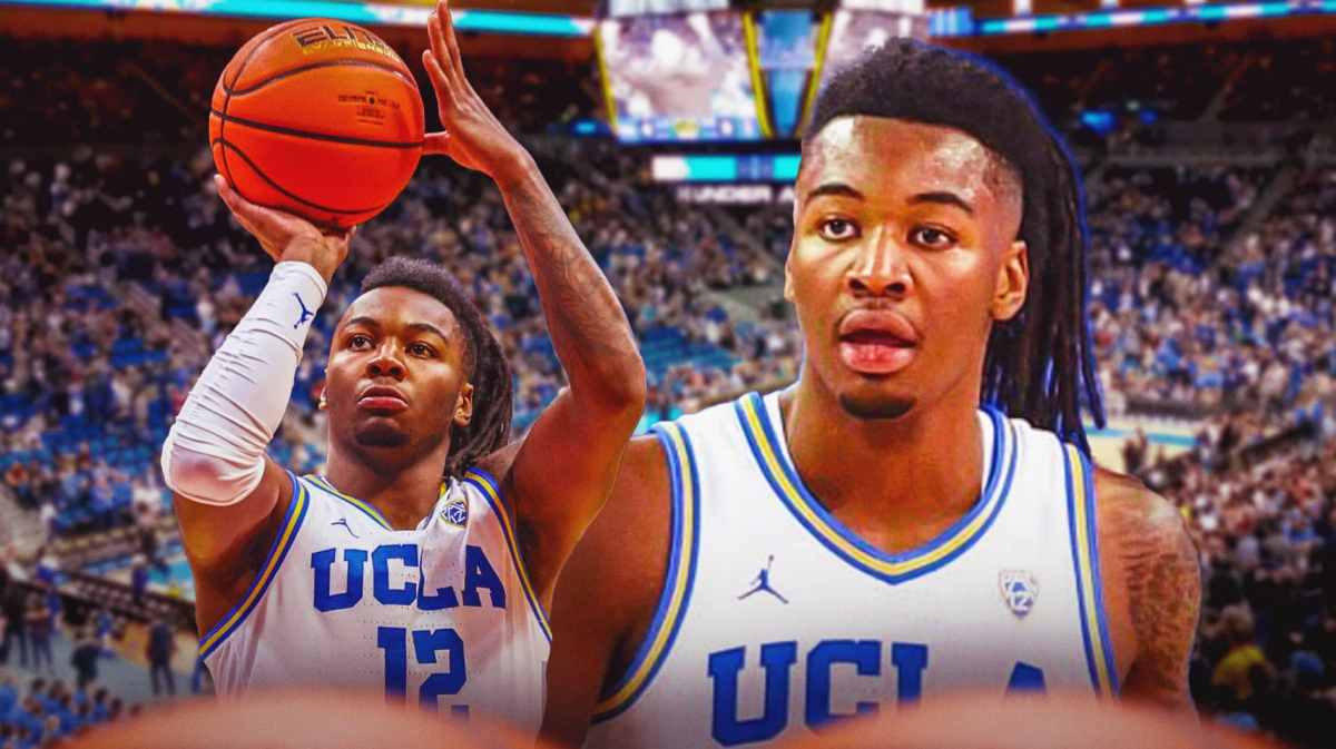 UCLA basketball, Bruins, Mick Cronin, Sebastian Mack, Pac-12 Freshman of the Week, Sebastian Mack in UCLA uni with UCLA basketball arena in the background