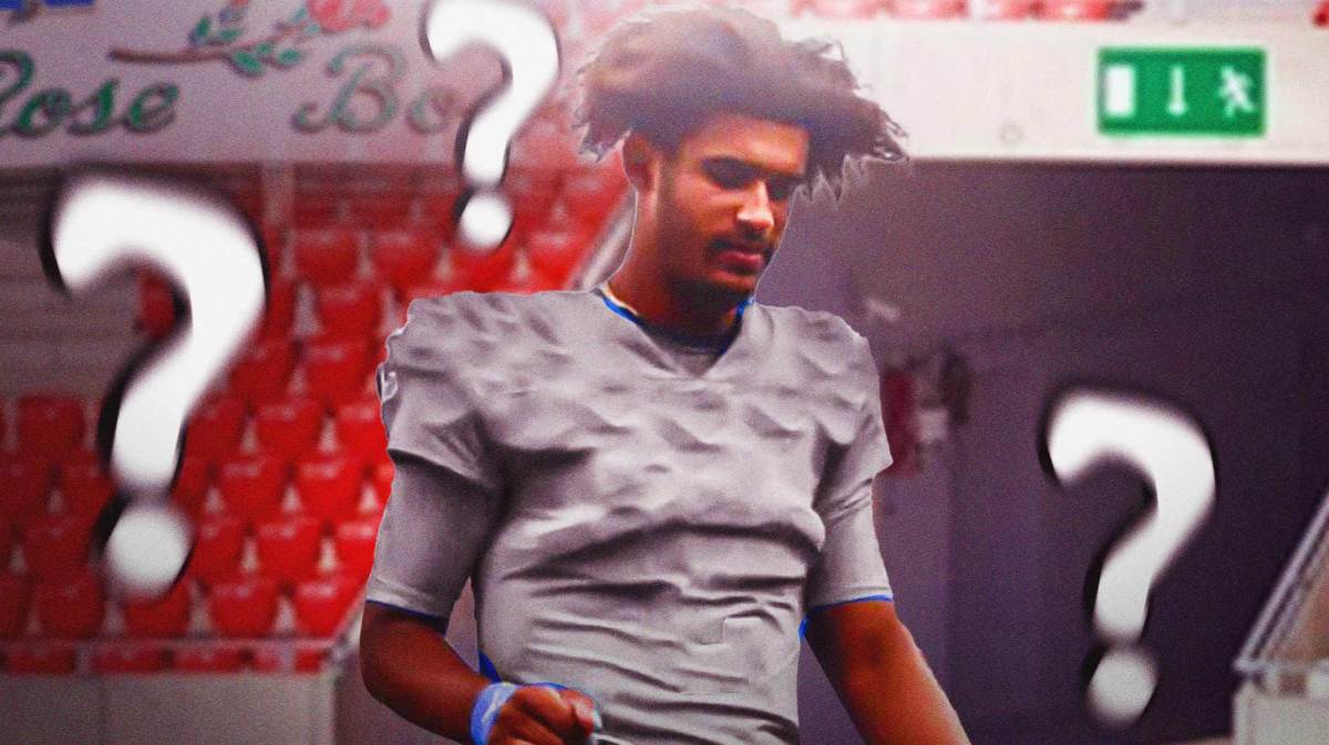 Dante Moore in a blank jersey. Question marks around him