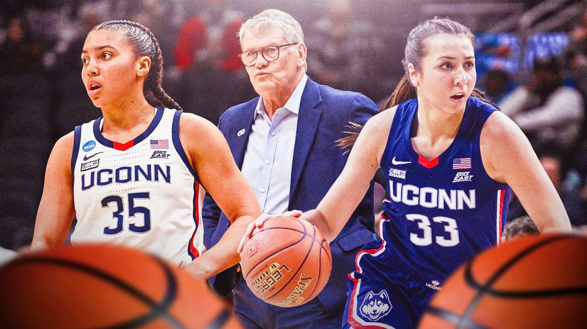 UConn women’s basketball Coach Geno Auriemma, UConn women’s basketball player Azzi Fudd, UConn women’s basketball player Caroline Ducharme