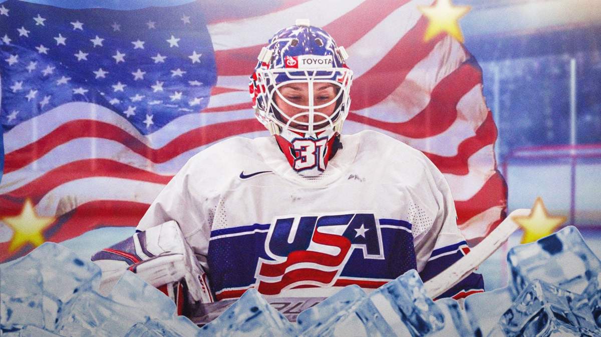 US women’s hockey goalie Aerin Finkel in her goalie gear in front of an American flag with star emojis along with the border of the image