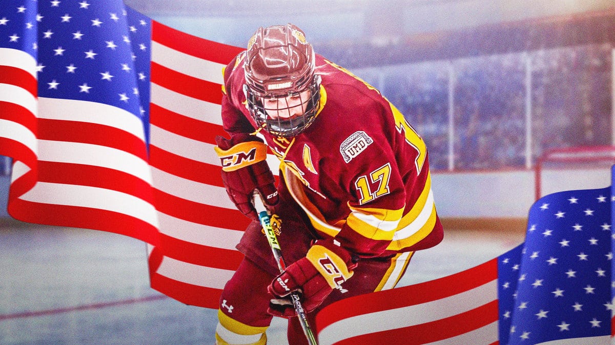 U.S. women’s hockey player Gabbie Hughes in hockey uniform on an ice rink in front of an american flag