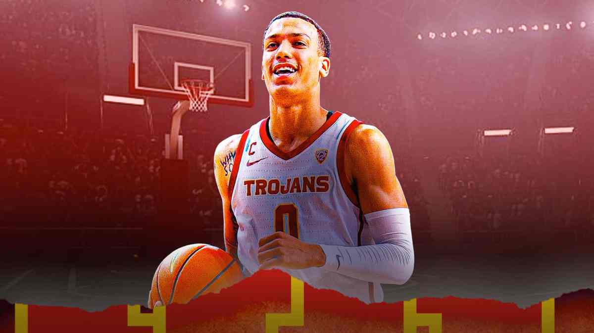 USC basketball, Trojans, Boogie Ellis, Kobe Johnson, Bronny James, Kobe Johnson in USC uni with USC basketball arena in the background