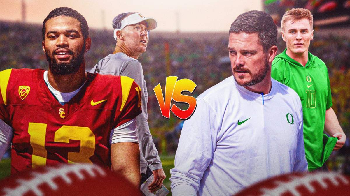 USC QB Calen Williams and coach Lincoln Riley with Oregon QB Bo Nix and coach Dan Lanning ahead of their Week 11 college football matchup.
