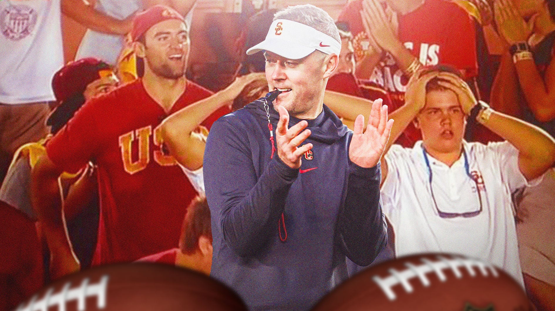 USC football coach Lincoln Riley in foreground, clapping hands. In the background, USC fans look stunned.