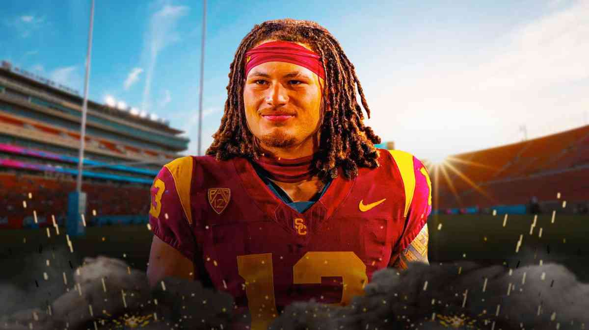 USC football, Washington football, Huskies, Trojans, Mason Cobb, Mason Cobb in USC football uni with USC football stadium in the background