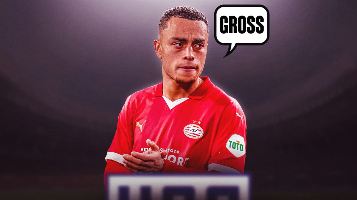 Sergino Dest in front of the USMNT logo with a speech balloon next to him that says: ‘gross’