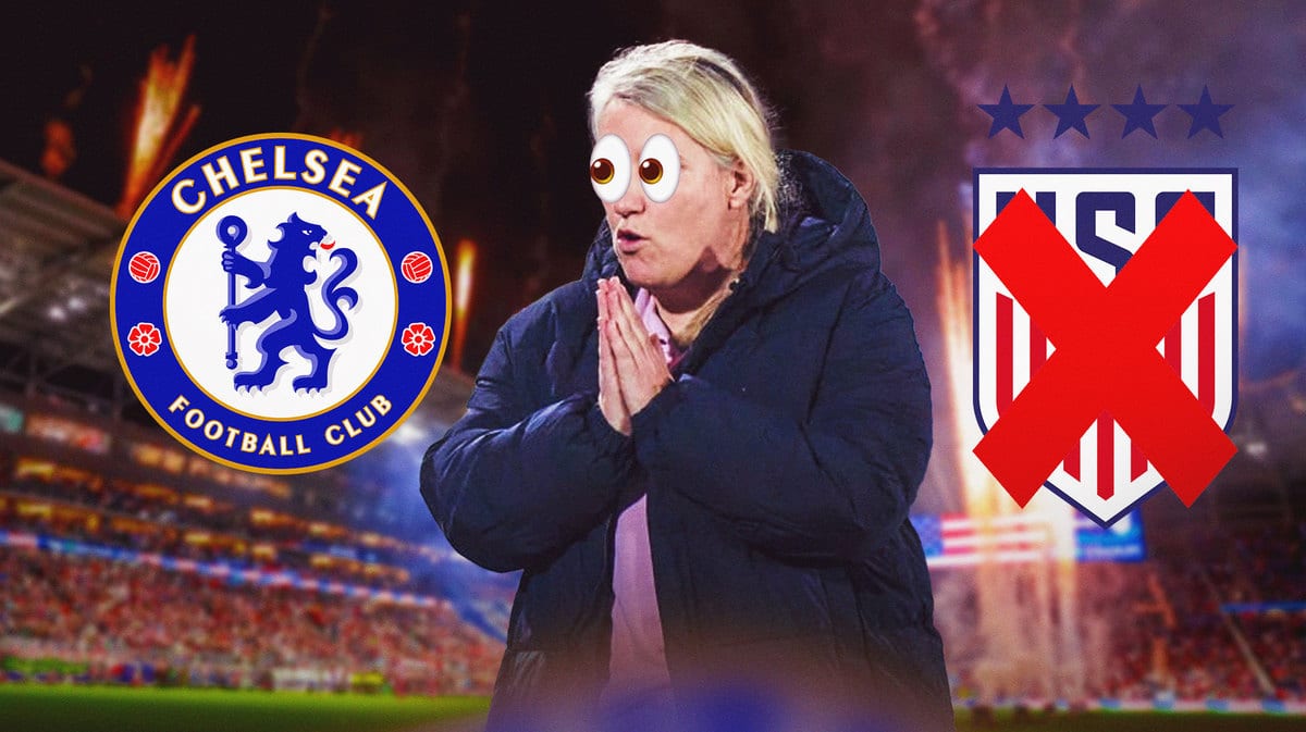 Chelsea manager/new USWNT manager Emma Hayes with the big eyes emoji 👀 looking at the Chelsea F.C. Women logo, with the USWNT logo on the other side of Hayes, with a red X through it