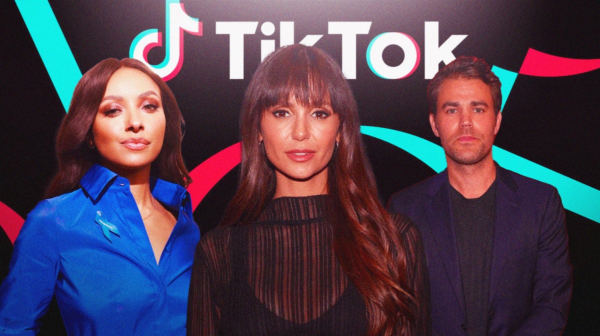 Vampire Diaries stars Nina Dobrev, Paul Wesley, Kat Graham with a TikTok logo.