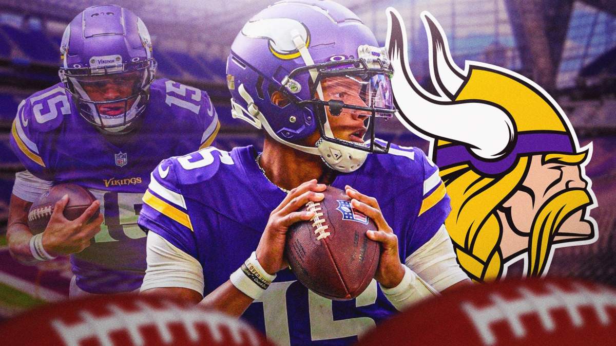 Minnesota, Vikings, Josh Dobbs, Nick Mullens, Broncos, Josh Dobbs in Vikings uni with Vikings stadium in the background