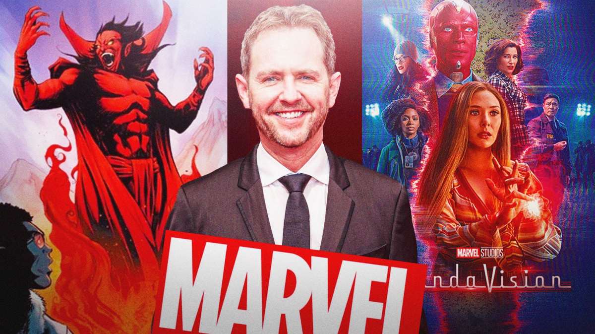 Mephisto and WandaVision MCU poster with Matt Shakman in between and Marvel logo in front of him.