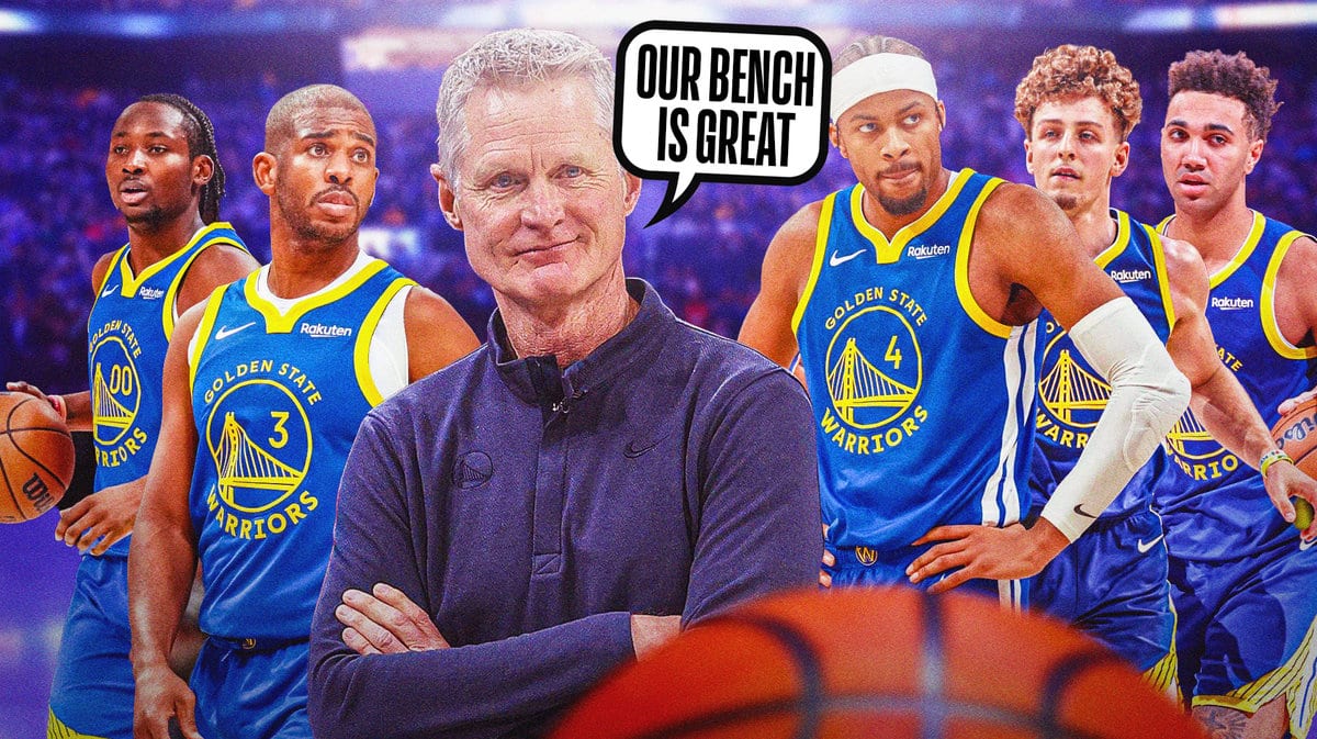 Warriors coach Steve Kerr with Chris Paul, Jonathan Kuminga, Moses Moody, Brandin Podziemski and Trayce Jackson-Davis