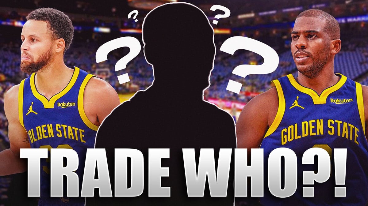 Mystery Player in the middle, Steph Curry and Chris Paul around him, and question marks (❓) in the background.