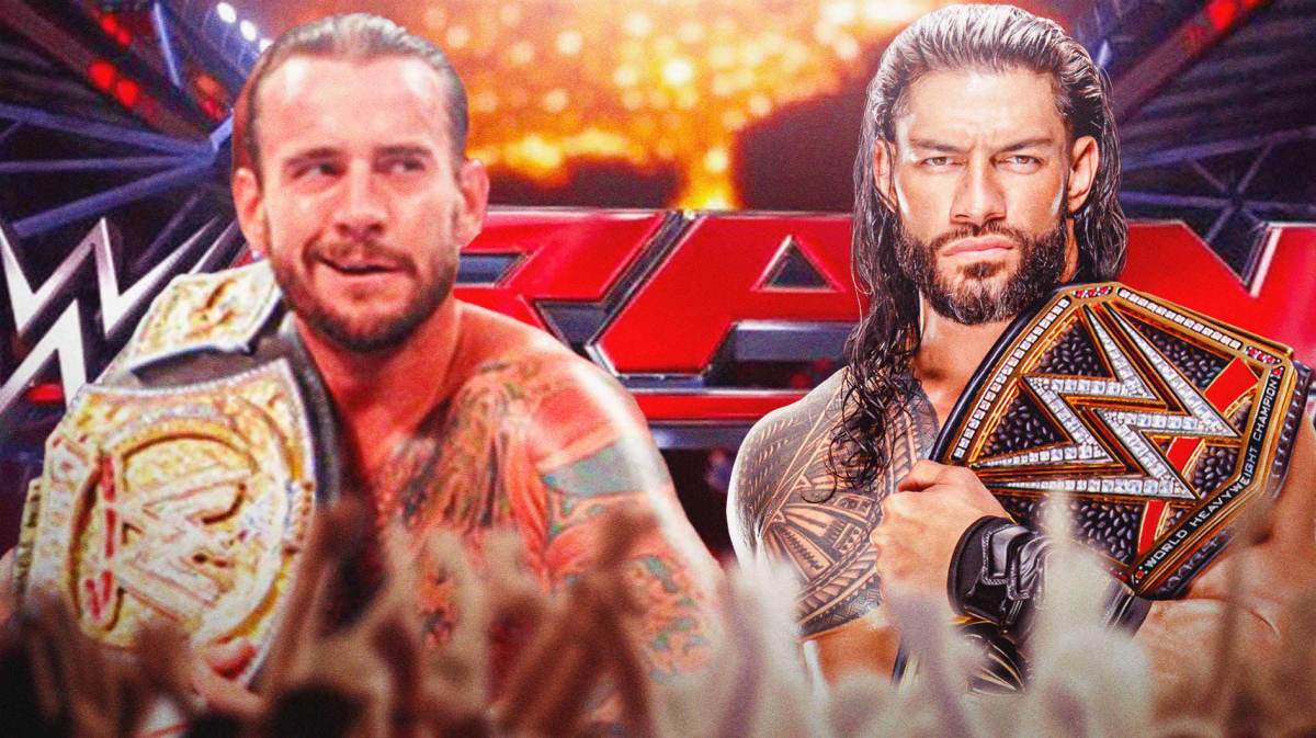 CM Punk next to Roman Reigns holding his WWE Championship with the RAW logo as the background.