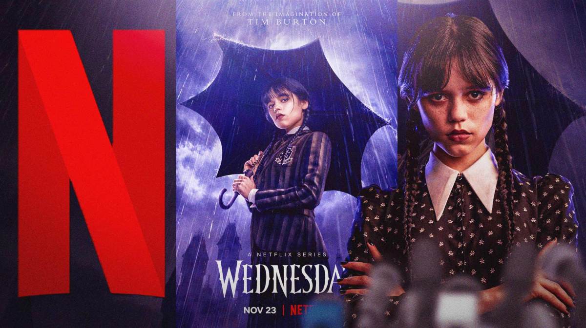 Netflix logo and Jenna Ortega as Wednesday Addams and Wednesday poster.