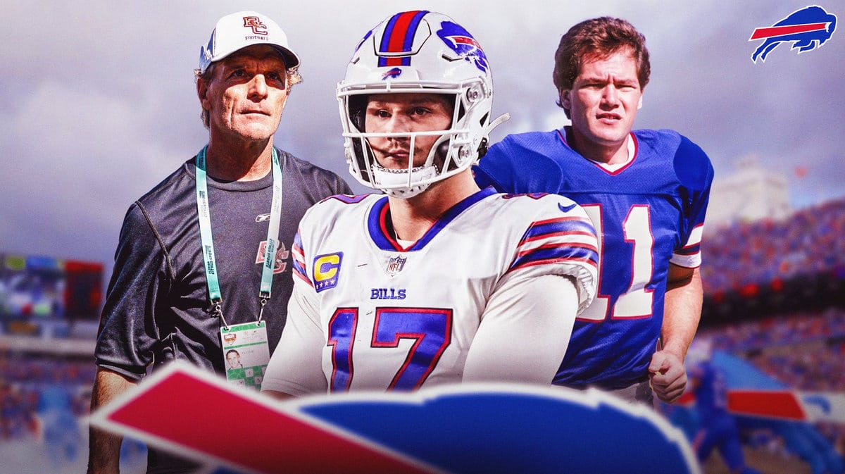 A collage of famous Buffalo Bills, Josh Allen, Doug Flutie, and Scott Norwood, with the Bills logo in the foreground