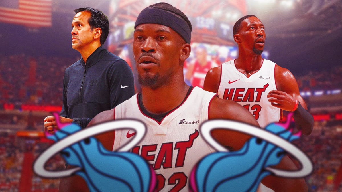 Miami Heat's Jimmy Butler, Bam Adebayo, and Erik Spoelstra in front of the Kaseya Center.