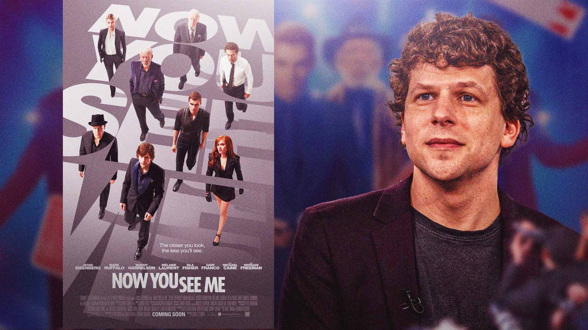 Actor Jesse Eisenberg with movie poster for Now You See Me.