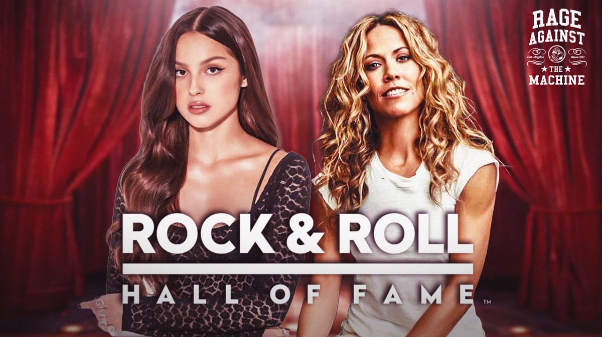 Olivia Rodrigo, Rage Against the Machine, and Sheryl Crow with Rock and Roll Hall of Fame logo. Stage background.