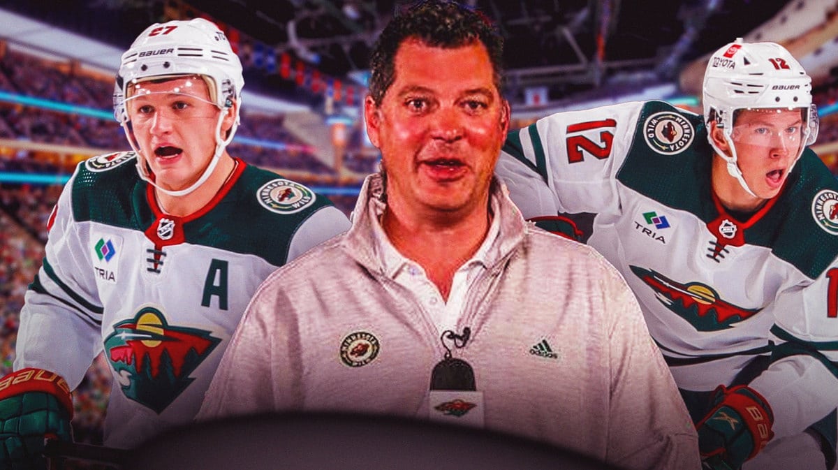 Minnesota Wild general manager Bill Guerin with forwards Kirill Kaprizov and Matt Boldy ahead of the 2023 NHL Global Series
