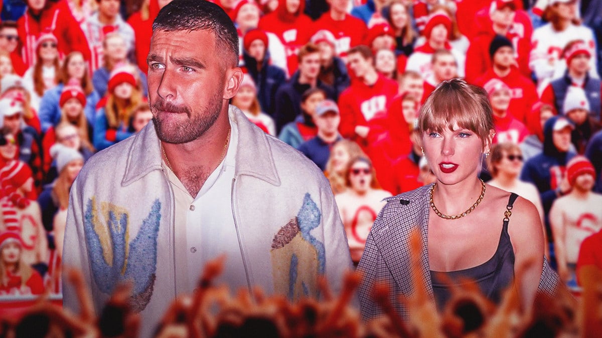 Taylor Swift and Travis Kelce in front of Wisconsin football fans